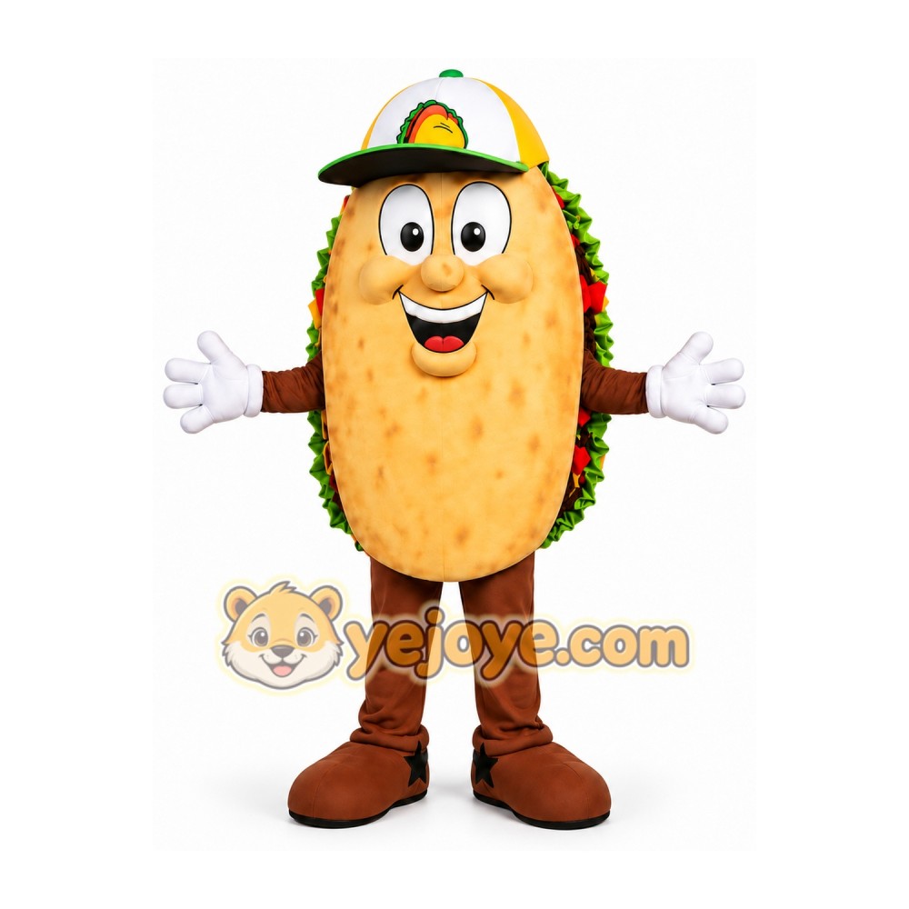 Tan Taco Mascot Costume with Green Cap Tan Taco Mascot Costume with Green Cap
