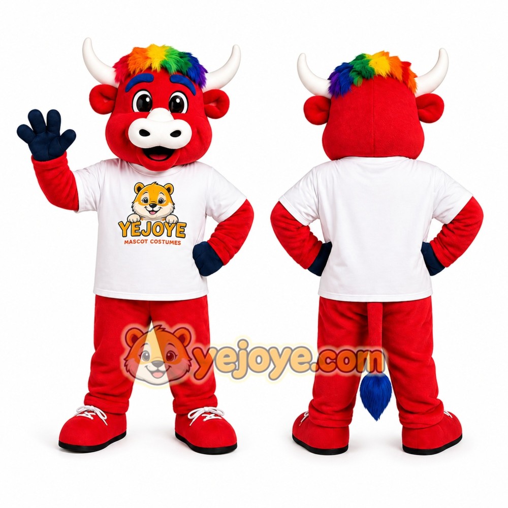 Red Bull Mascot Costume with Rainbow Hair Red Bull Mascot Costume with Rainbow Hair