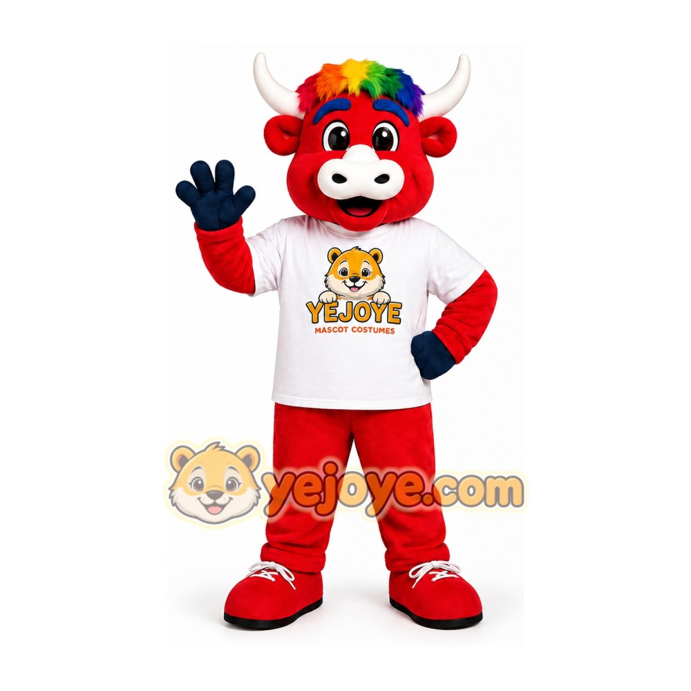 Red Bull Mascot Costume with Rainbow Hair Red Bull Mascot Costume with Rainbow Hair