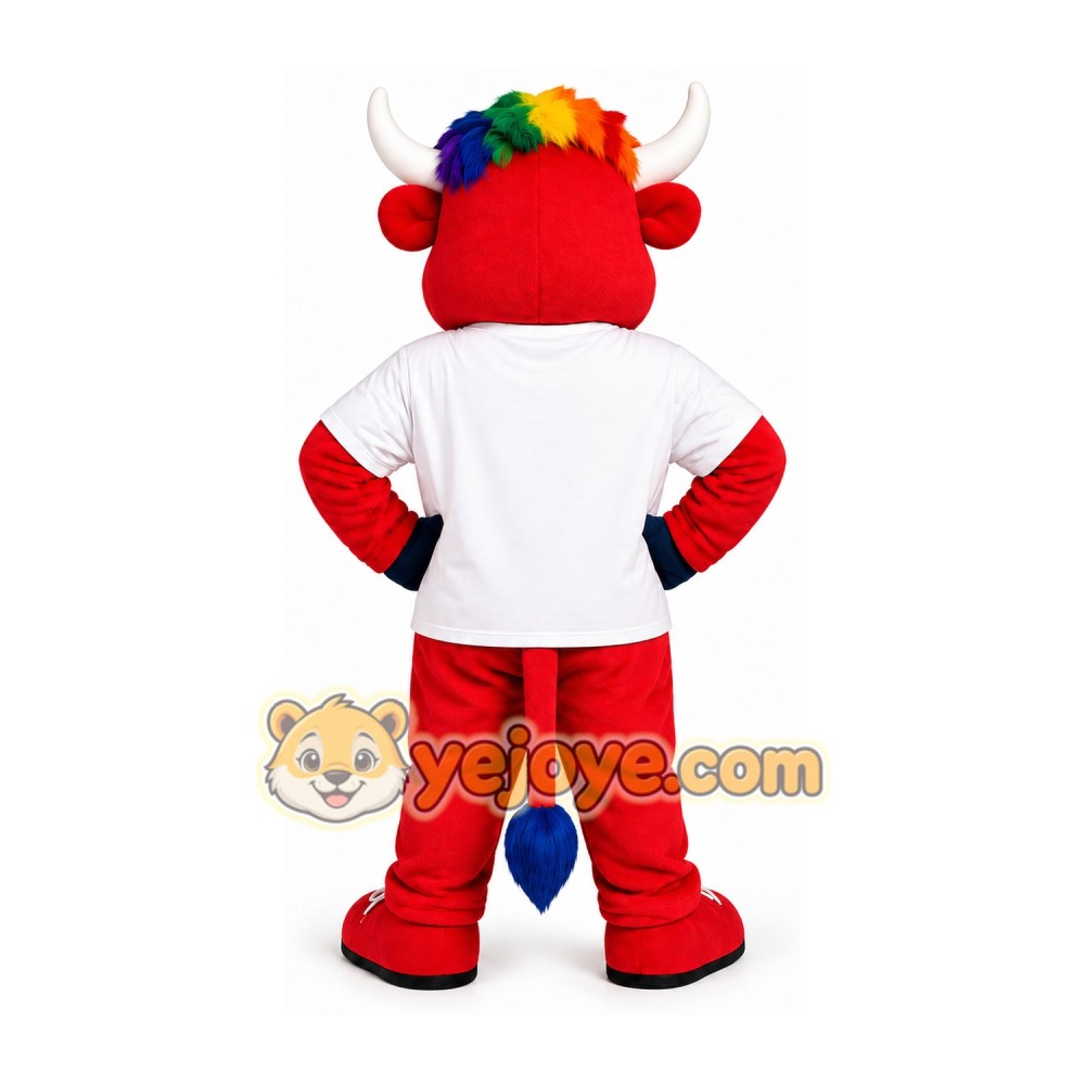 Red Bull Mascot Costume with Rainbow Hair Red Bull Mascot Costume with Rainbow Hair