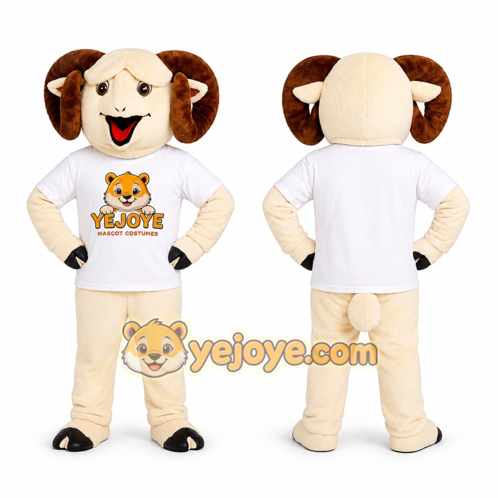 Cream Ram Mascot Costume with Brown Horns