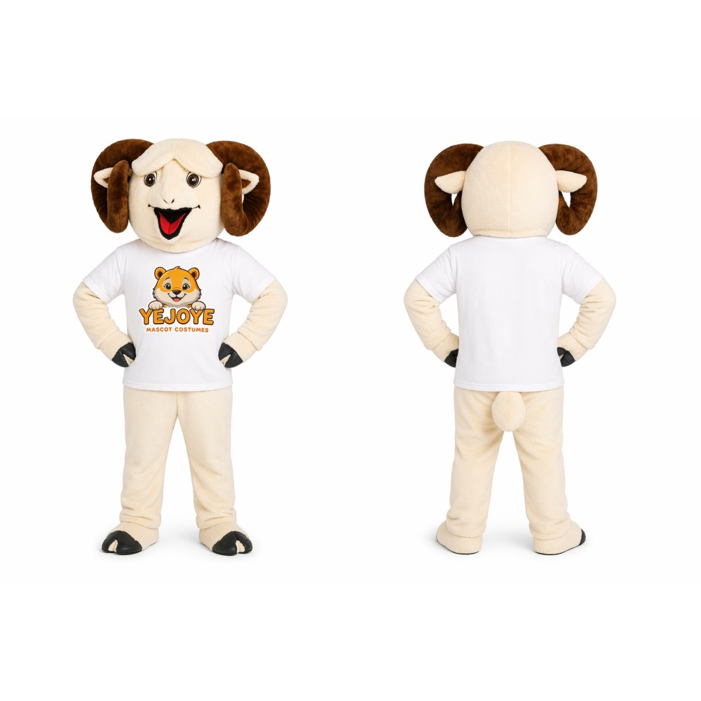 Cream Ram Mascot Costume with Brown Horns