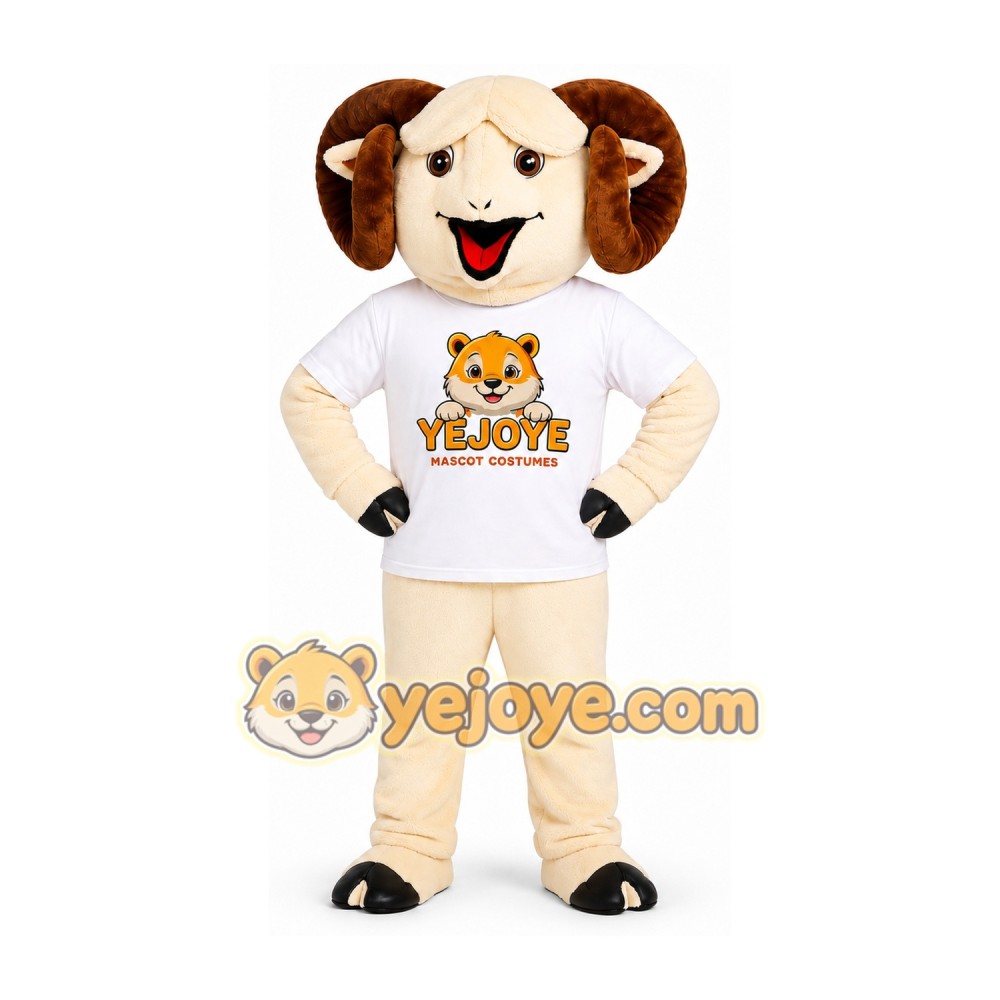 Cream Ram Mascot Costume with Brown Horns