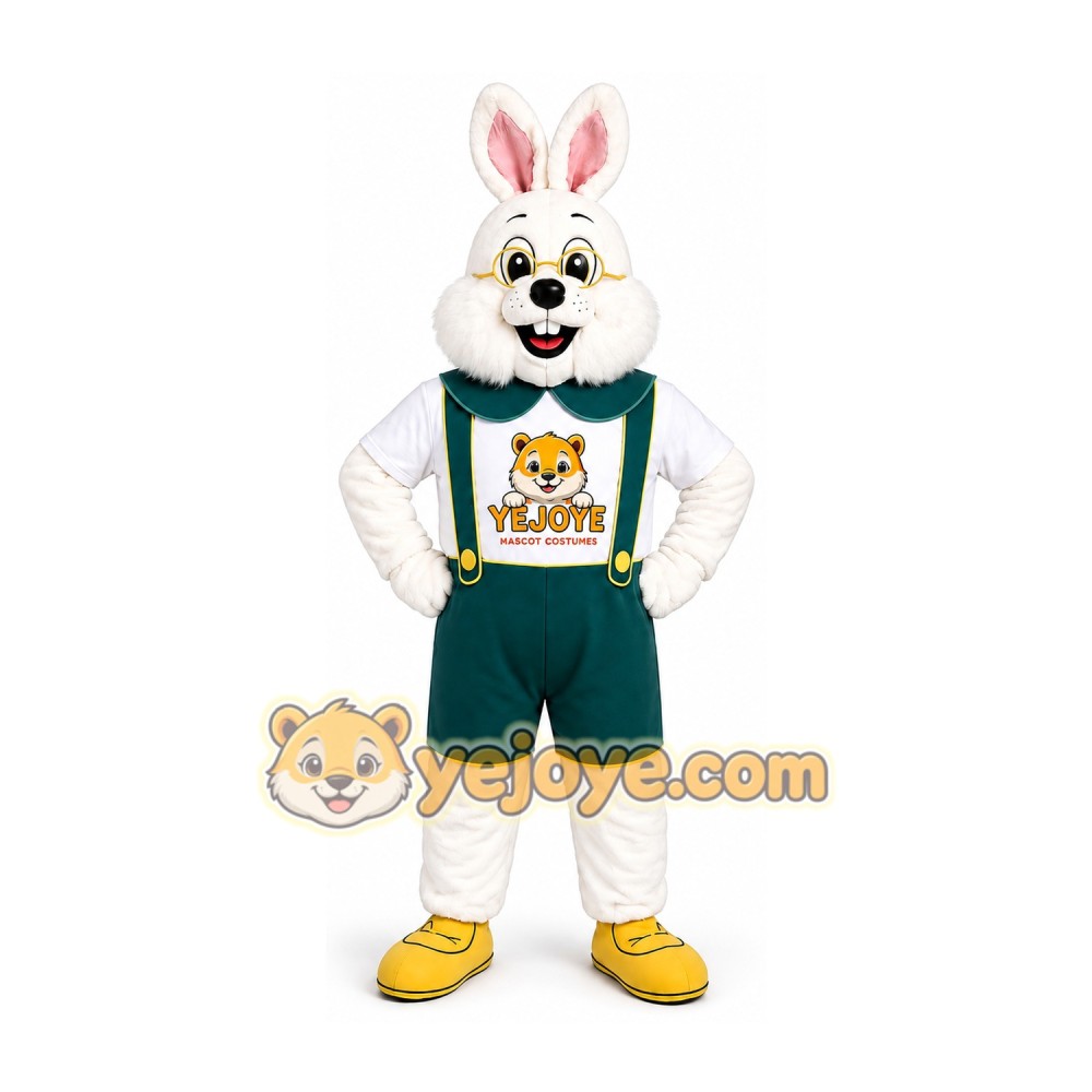 White Rabbit Mascot Costume with Green Overalls White Rabbit Mascot Costume with Green Overalls