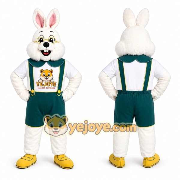 White Rabbit Mascot Costume with Green Overalls