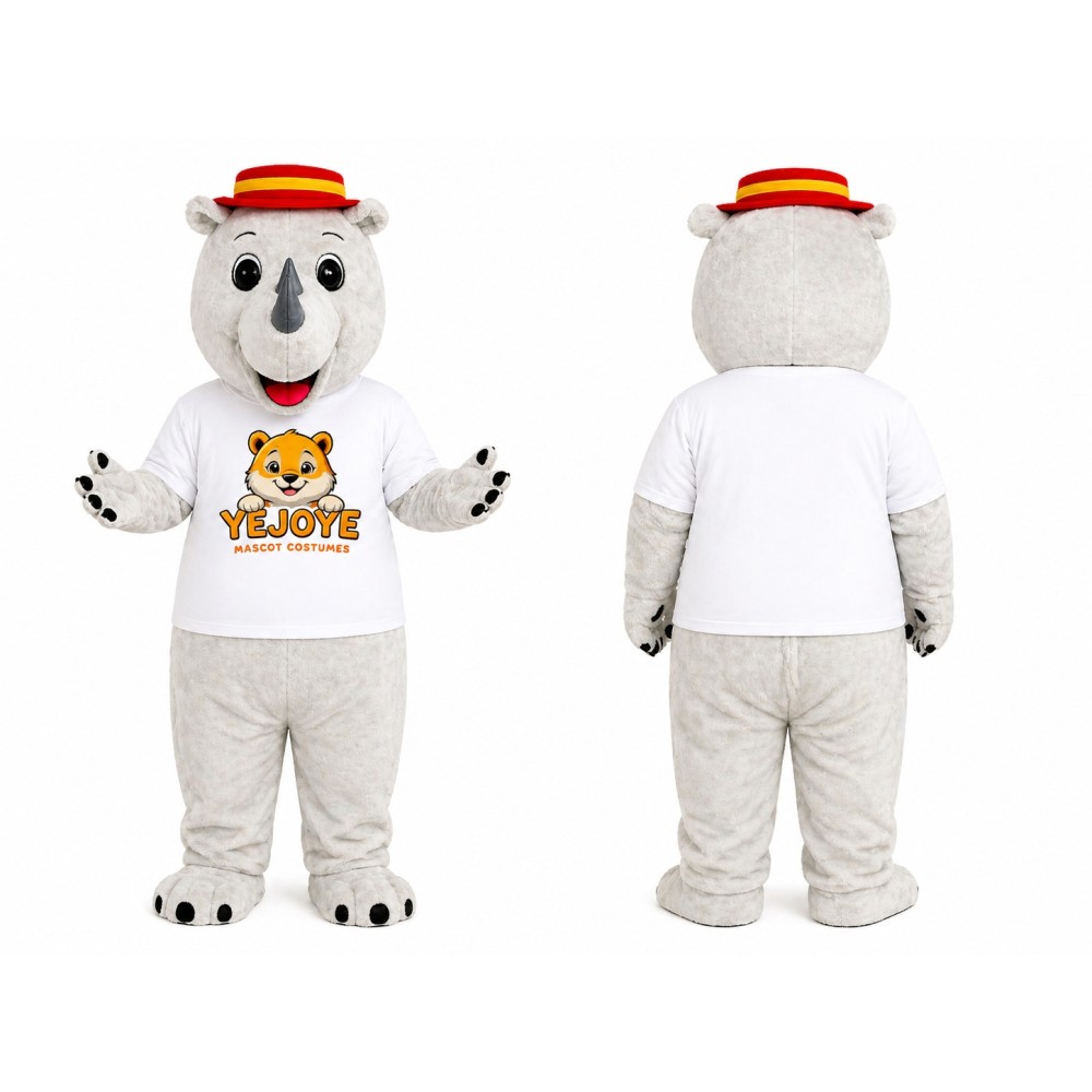 White Hippo Mascot Costume with Red Hat