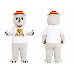 White Hippo Mascot Costume with Red Hat