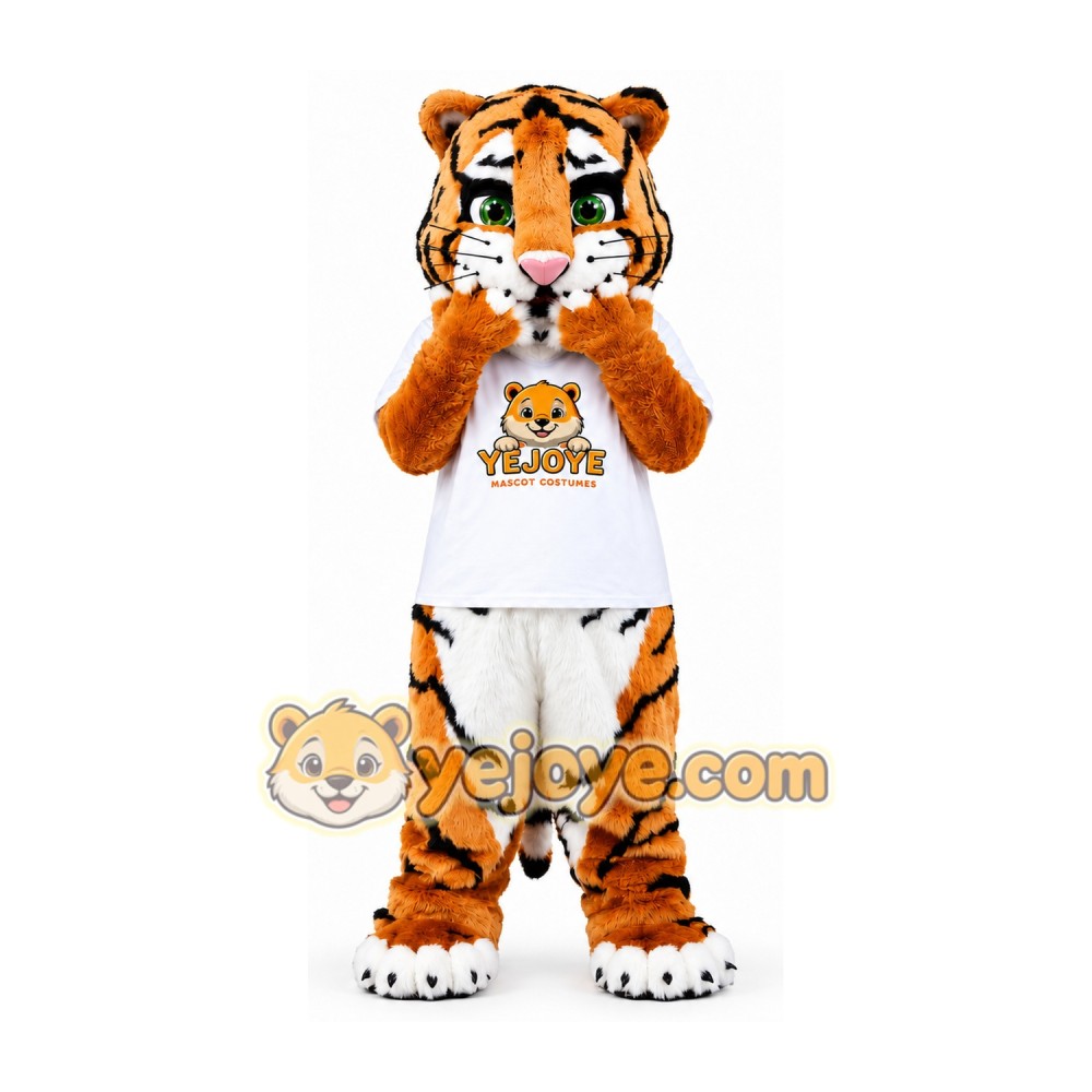 Orange Tiger Mascot Costume with White T-Shirt