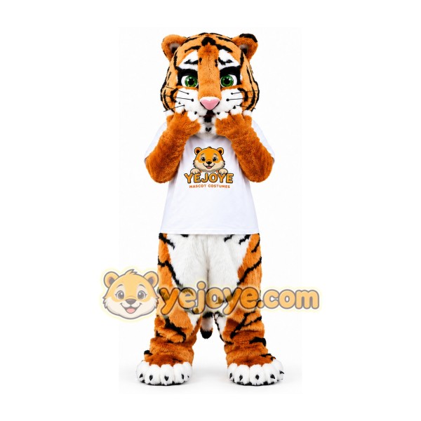 Orange Tiger Mascot Costume with White T-Shirt
