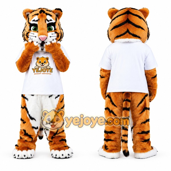 Orange Tiger Mascot Costume with White T-Shirt