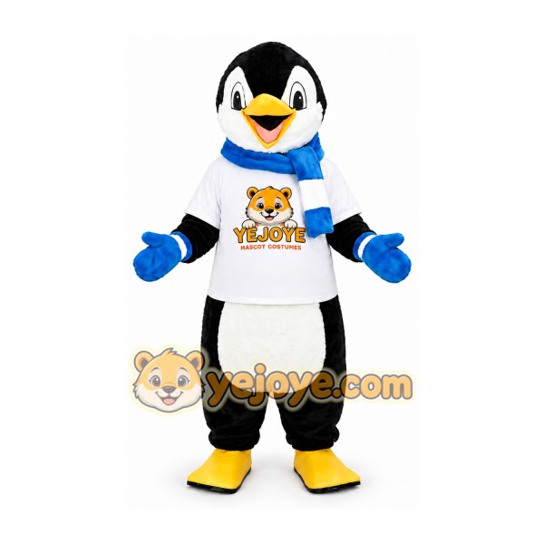 Black White Penguin Mascot Costume with Blue Scarf