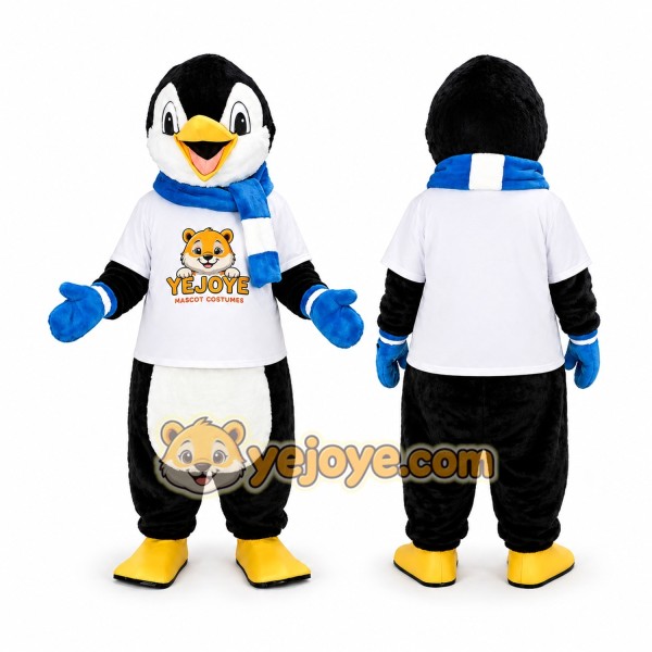 Black White Penguin Mascot Costume with Blue Scarf