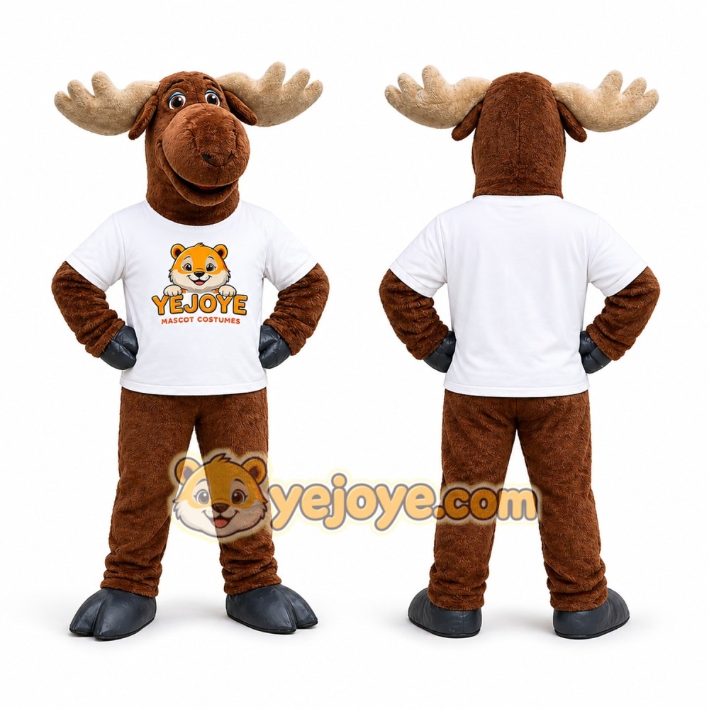 Brown Moose Mascot Costume with White T-Shirt