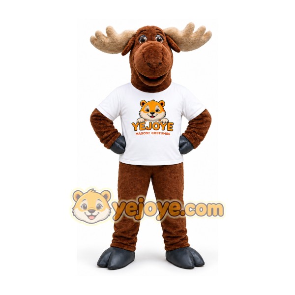 Brown Moose Mascot Costume with White T-Shirt
