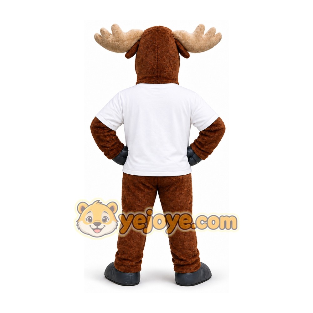 Brown Moose Mascot Costume with White T-Shirt