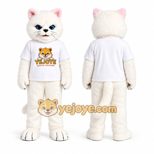 White Cat Mascot Costume with Blue Eyes