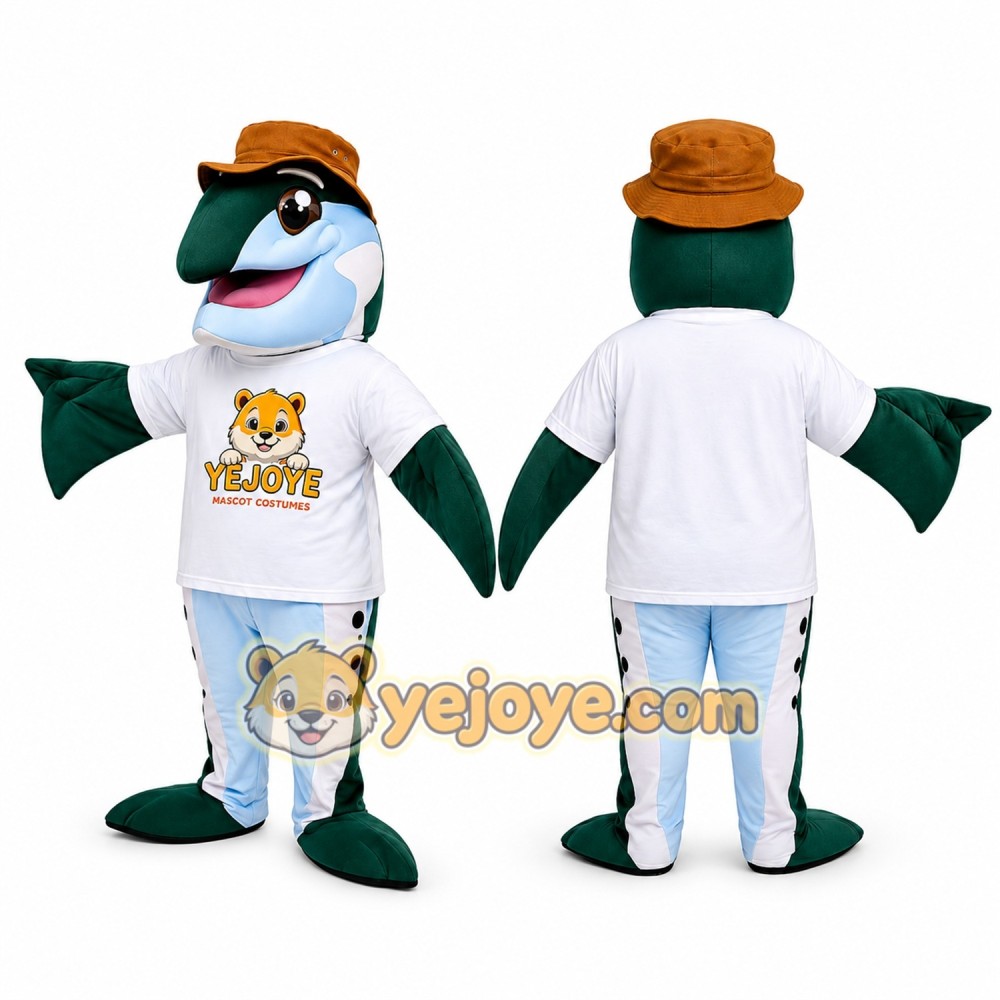 Green Fish Mascot Costume with Hat Green Fish Mascot Costume with Hat