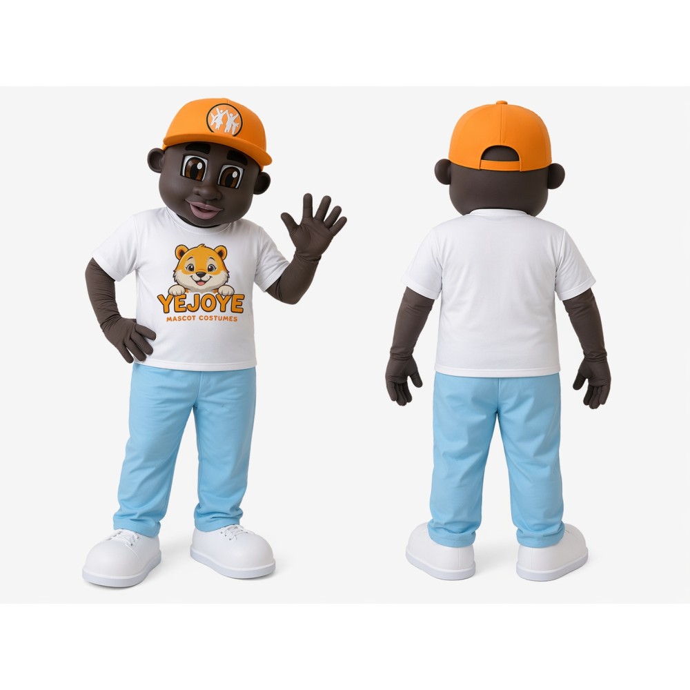 Brown Boy Mascot Costume with Orange Cap