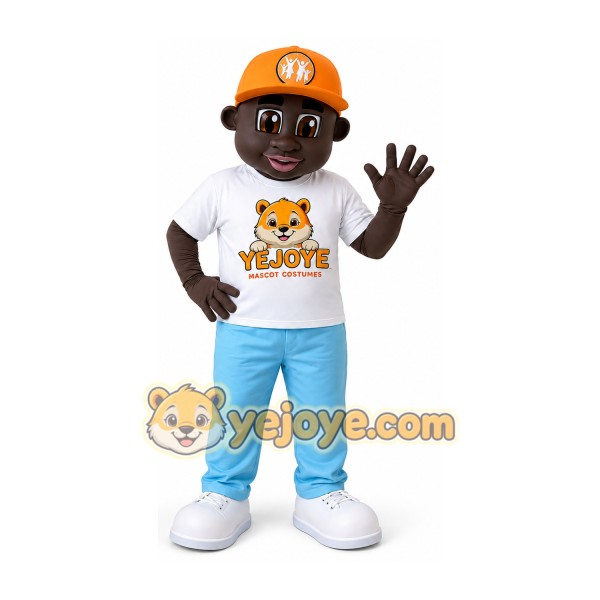 Brown Boy Mascot Costume with Orange Cap