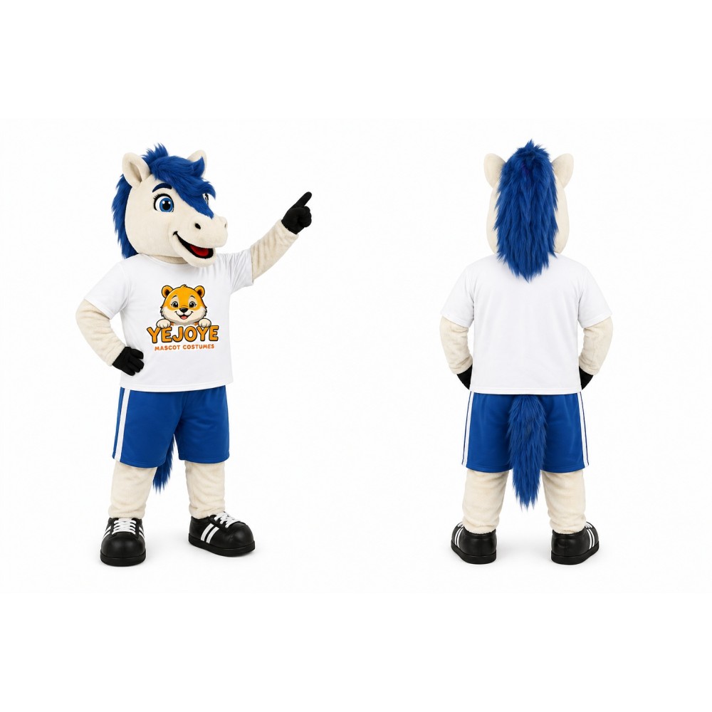 White Horse Mascot Costume with Blue Hair