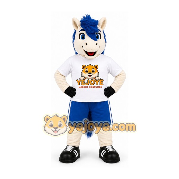 White Horse Mascot Costume with Blue Hair