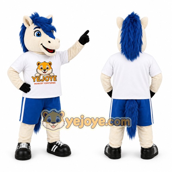 White Horse Mascot Costume with Blue Hair