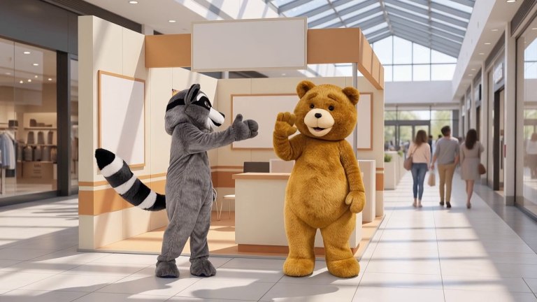 AI event concept of raccoon and bear mascot costumes at an exhibition booth