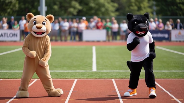 AI event concept of cougar and panther mascot costumes at a sports day