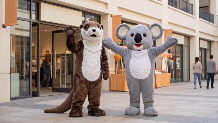 AI event concept of otter and koala mascot costumes welcoming visitors at a shopping event